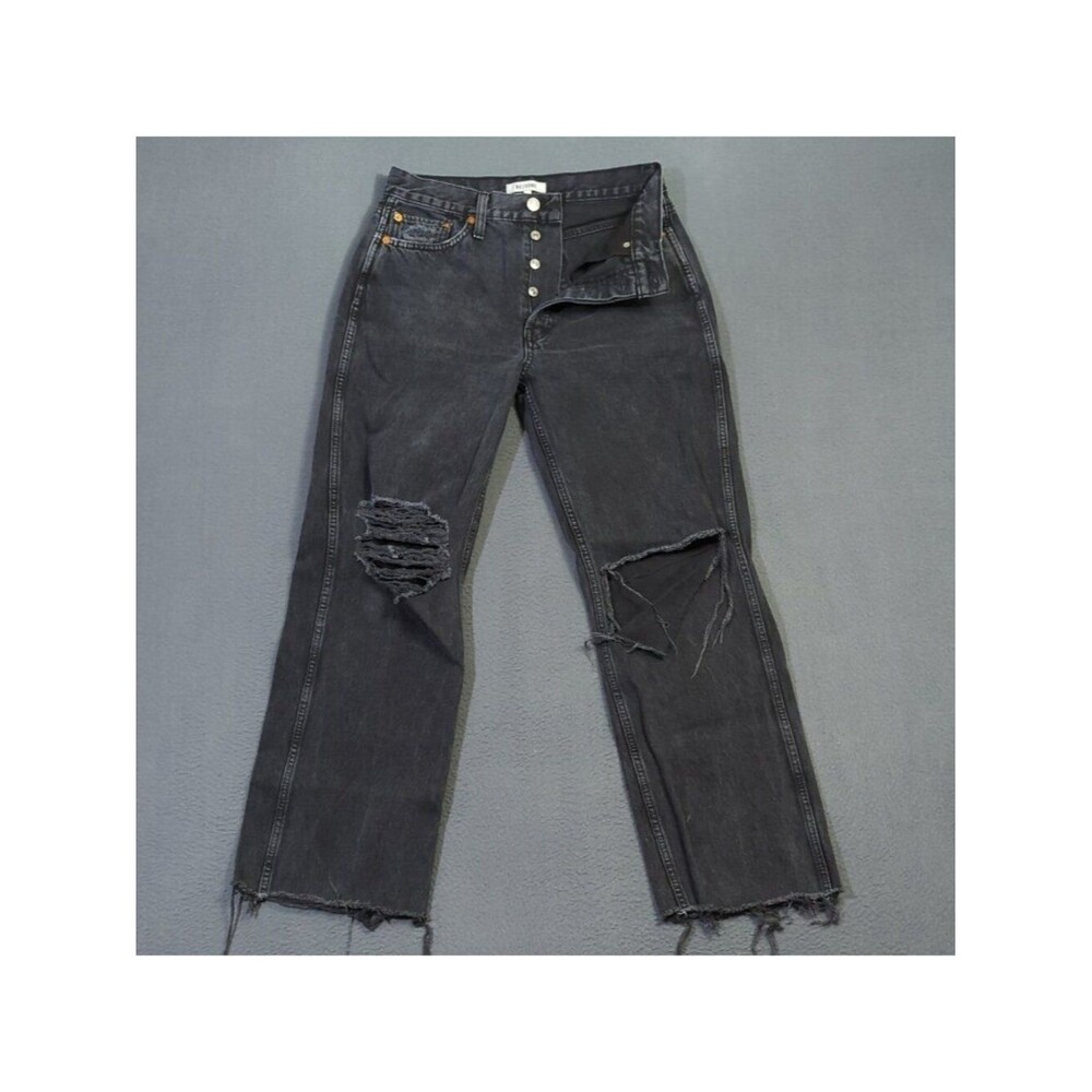 Re/Done Jeans Womens 28 Black High Rise Loose In Washed Black With Rips Raw Hems